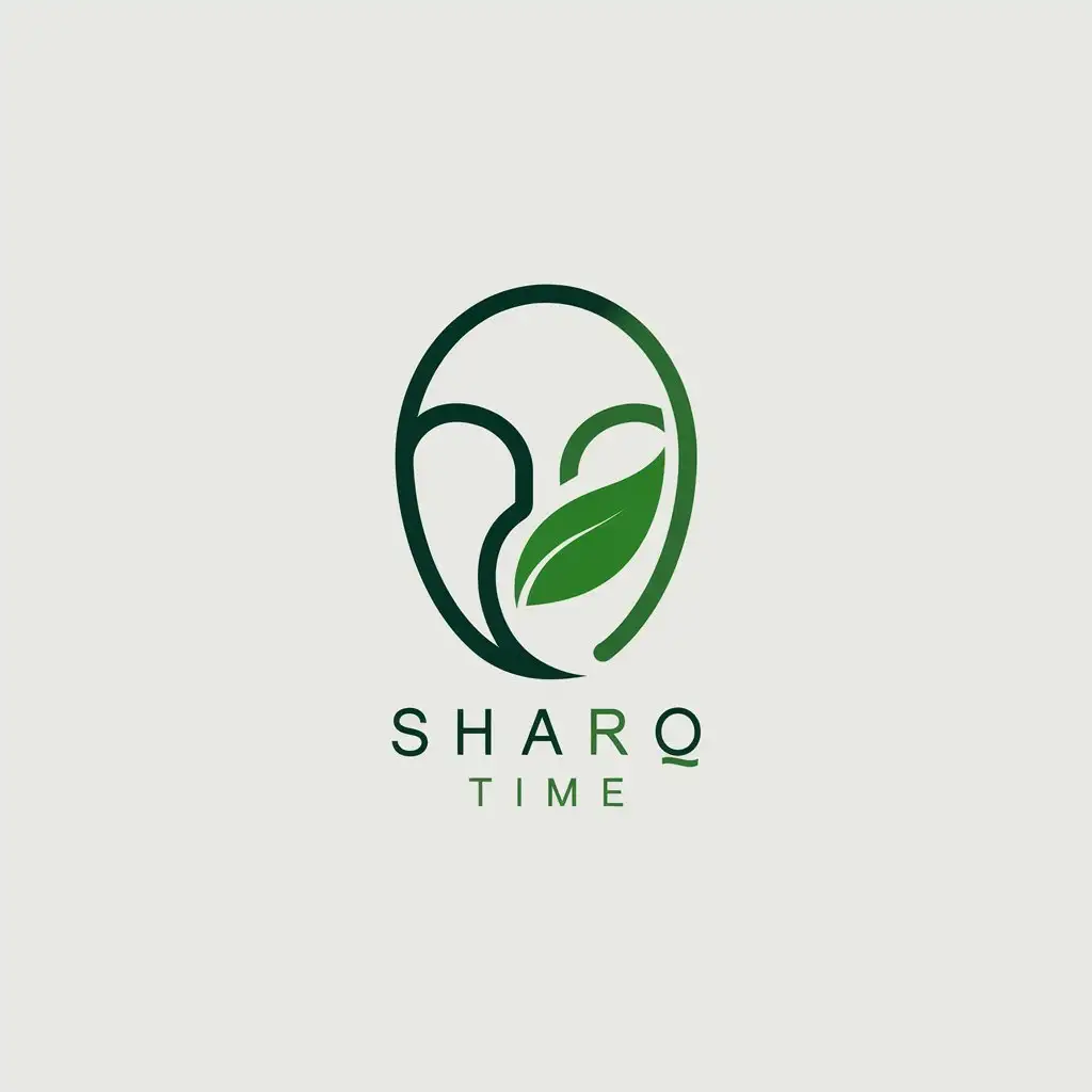 LOGO Design for SHARQ TIME Biometric Face Outline with Green Leaf in Green Black and White for a Natural and Modern Look