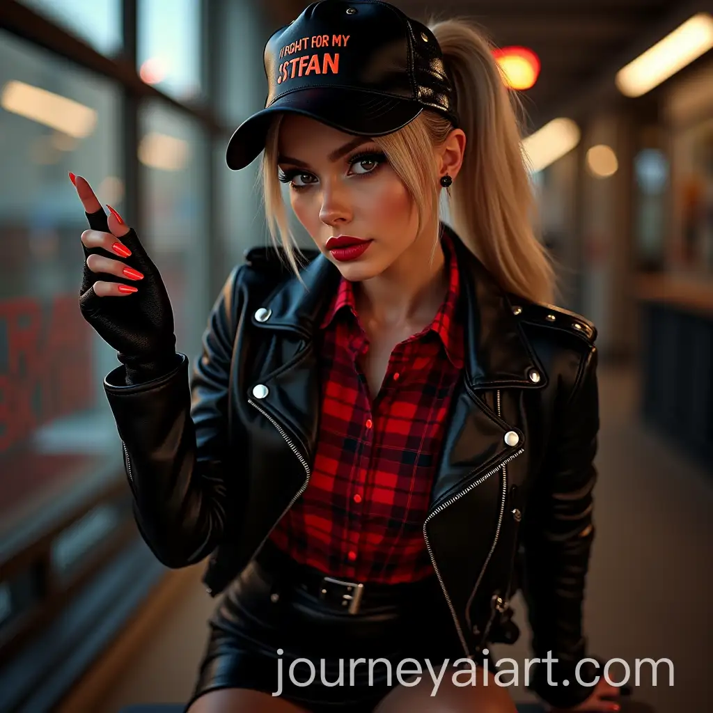 Natascha-in-Provocative-Biker-Style-with-Black-Leather-and-Checkered-Shirt