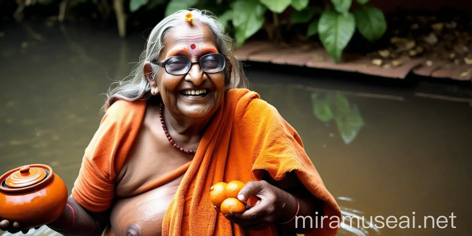 Elderly Hindu Monk Woman Bathing in Pond with Clay Pot