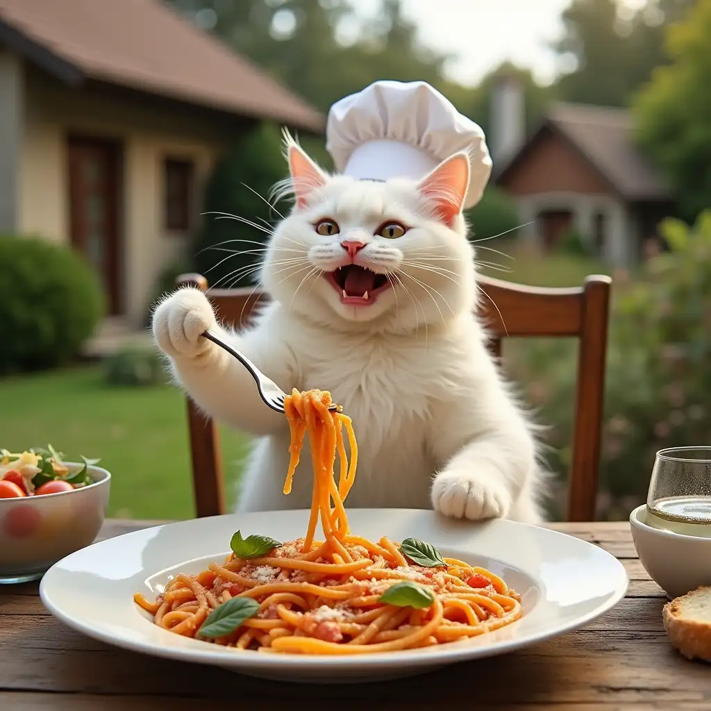 The fluffy white cat, now without its chef’s hat, is sitting upright on a wooden chair at the rustic wooden table. It holds a fork in its right paw, twirling a generous portion of pasta, while its left paw rests on the table. The cat’s comically large grin shows its delight as it prepares to take a bite. The white ceramic plate in front of it is filled with vibrant pasta garnished with fresh basil and parmesan. Beside the plate are a glass of water, a small bowl of salad, and a piece of crusty bread. The warm sunlight filters through the lush garden, with rustic cottages in the background, creating a cozy, satisfying scene that perfectly complements the whimsical charm of the cat.