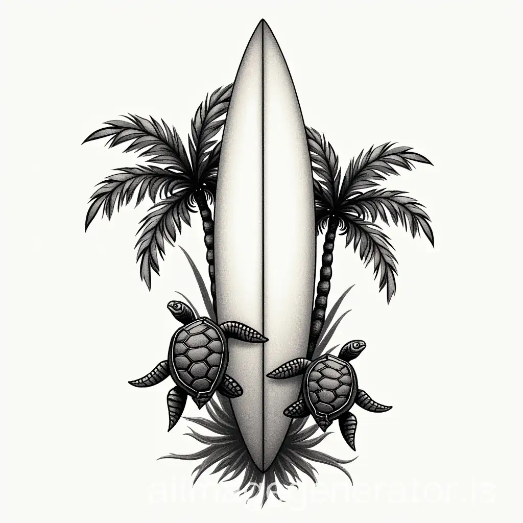 Tattoo-Design-Featuring-Surfboard-Palm-Trees-Baby-Turtles-and-P4L-Logo-in-Outer-Banks-Theme