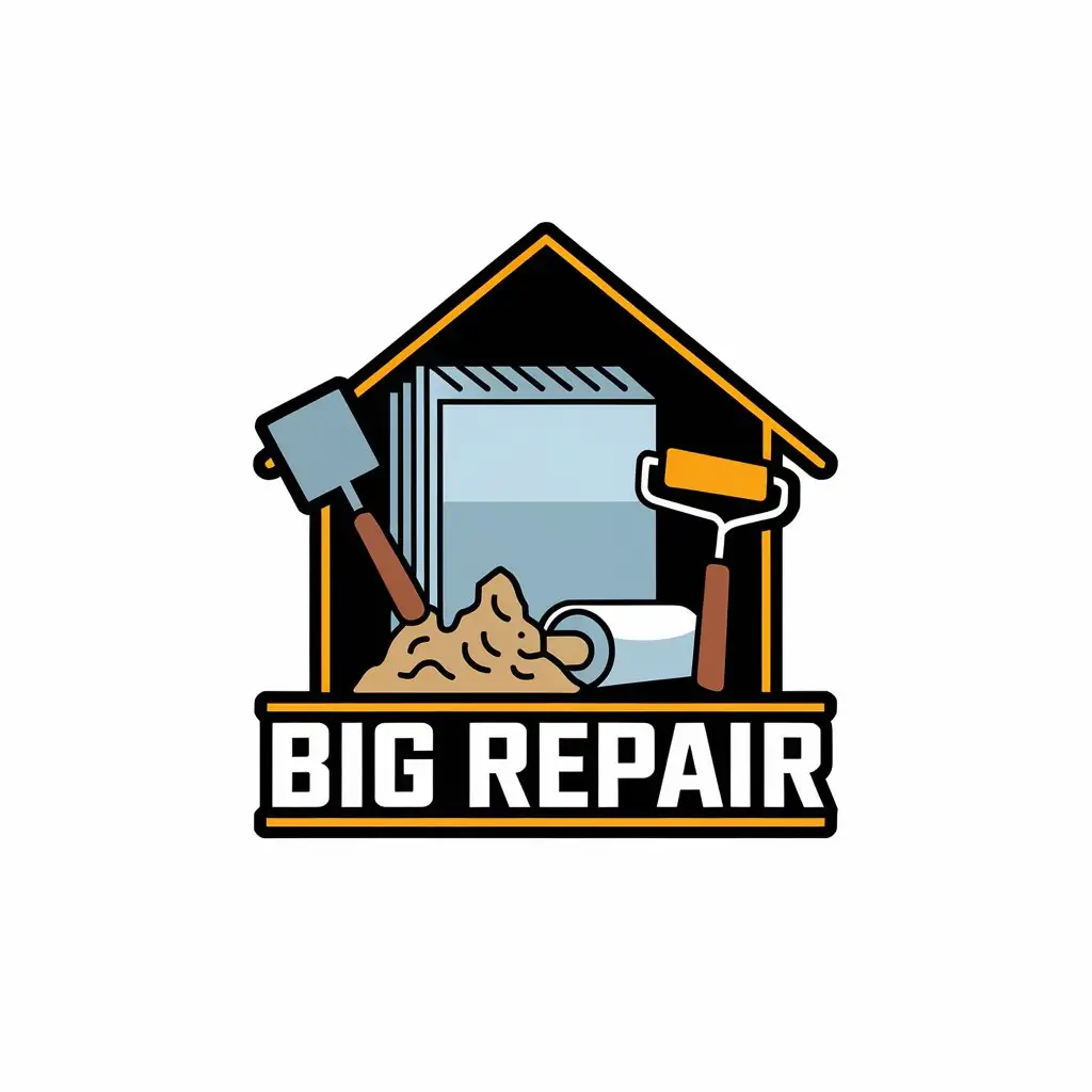 LOGO Design For BIG REPAIR Minimalist Vector Logo with Drywall Cement Spatula and Roller