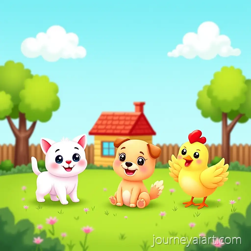 Playful-CartoonChildrens-Yard-Scene-Animals-in-Cozy-Yard-for-Childrens-Educational-Presentation