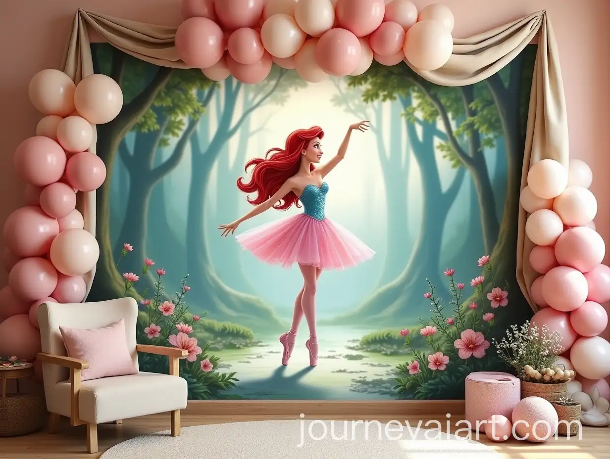 Ballerina-and-Disney-Mermaid-Dancing-with-Shrek-in-Enchanted-Garden-with-Fabric-Draping-and-Balloon-Clouds