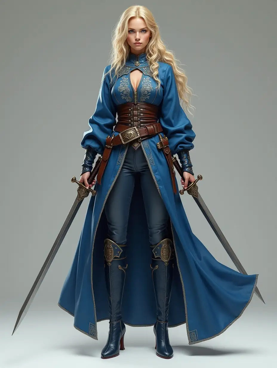 Blonde-Female-Warrior-in-Embroidered-Blue-Robes-with-Twin-Swords