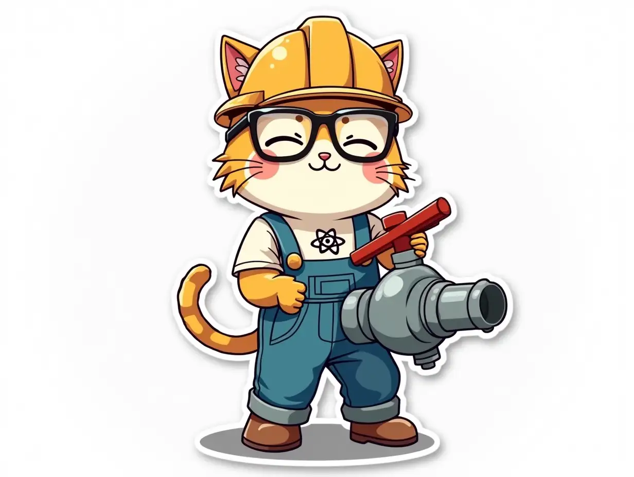 kawaii positive little happy light cat in the image of an industrial worker with overalls, protective gloves, work boots and protective work glasses with an atom symbol on t-shirt, screws the large valve of the water tap on the pipeline. Die cut sticker design top-view, high resolution, vector art, white background, paint in anime style