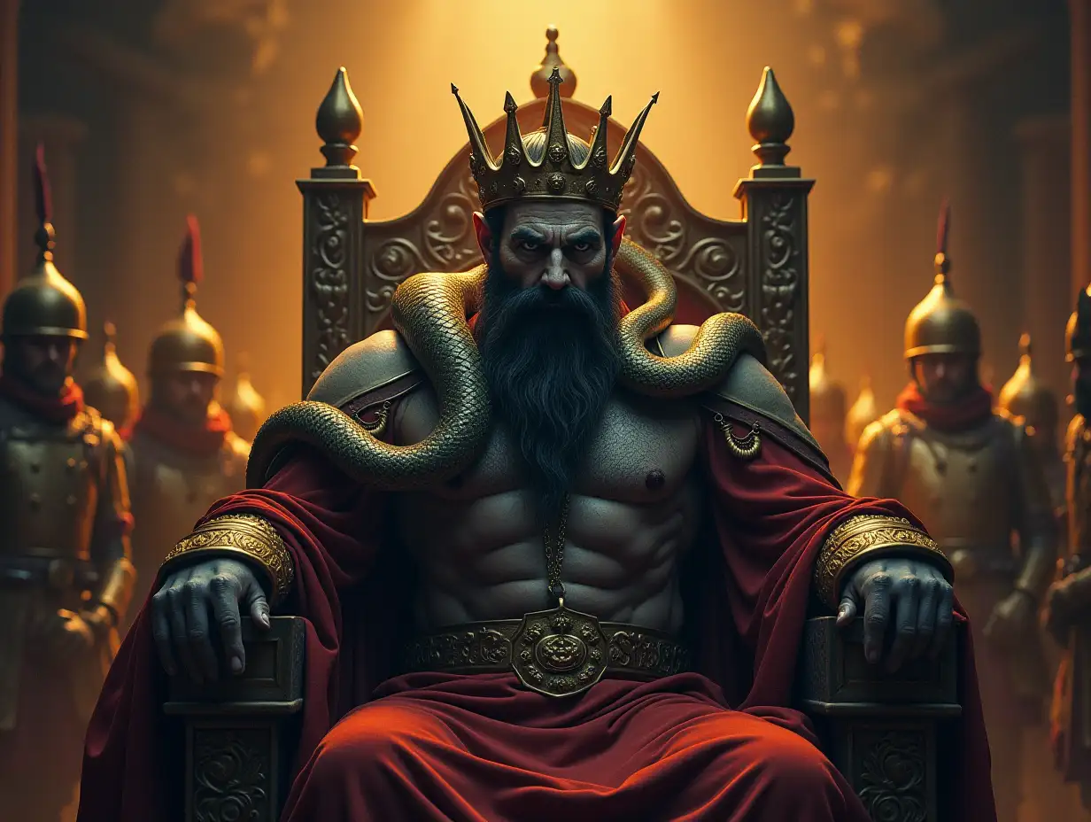 The king who has a snake growing on his shoulders and has an angry and mysterious face and is sitting on the king's throne with a crown on his head and soldiers standing around him.