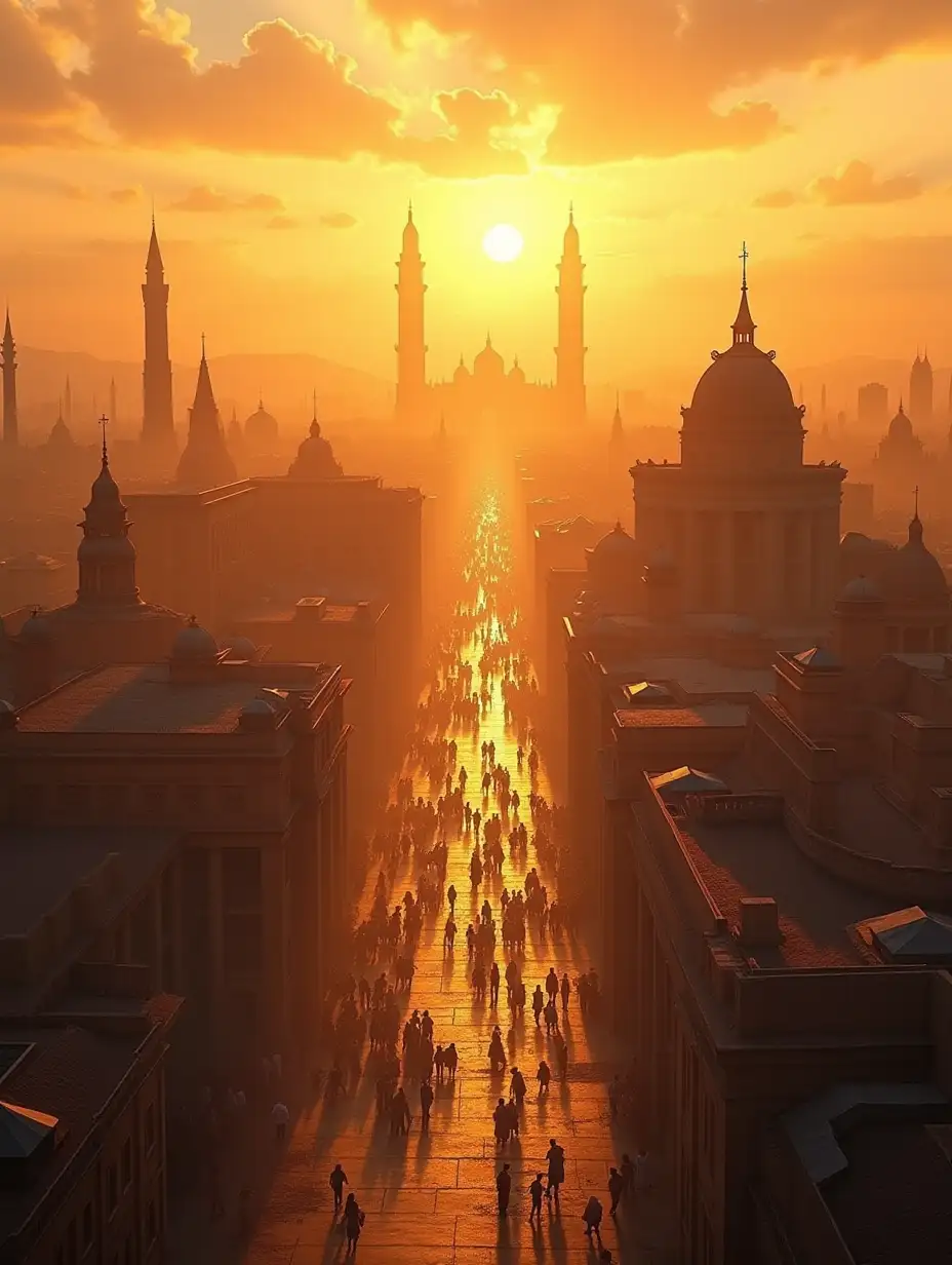 A breathtaking panoramic view of an ancient city bathed in the warm hues of sunset. The streets are busy with people, and grand buildings stand tall against the golden sky. The scene feels alive, capturing the essence of a fully developed civilization. The camera glides over the rooftops, showcasing the beauty and complexity of early urban planning,Super detail, high quality