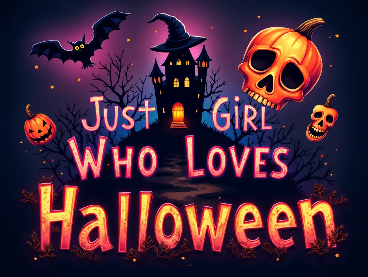 vector, Oil painting, neon, 64k. Create a Halloween-themed with a design that includes a witch, a pumpkin, a bat, and a skull. featuring the word 'Just a Girl Who Loves Halloween' in bold, center.