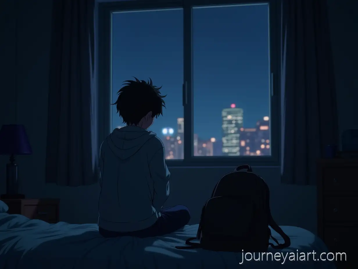 17YearOld-Muslim-Boy-in-DimMuslim-boy-in-bedroomly-Lit-Bedroom-with-City-Lights-and-Tired-Expression