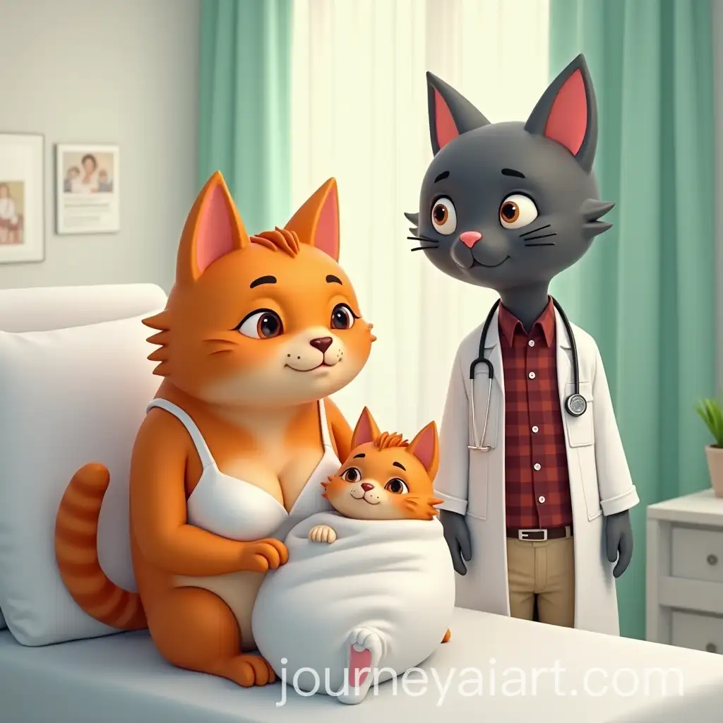 Orange-Female-Cat-with-Baby-in-Hospital-Room-with-Husband-and-Doctor