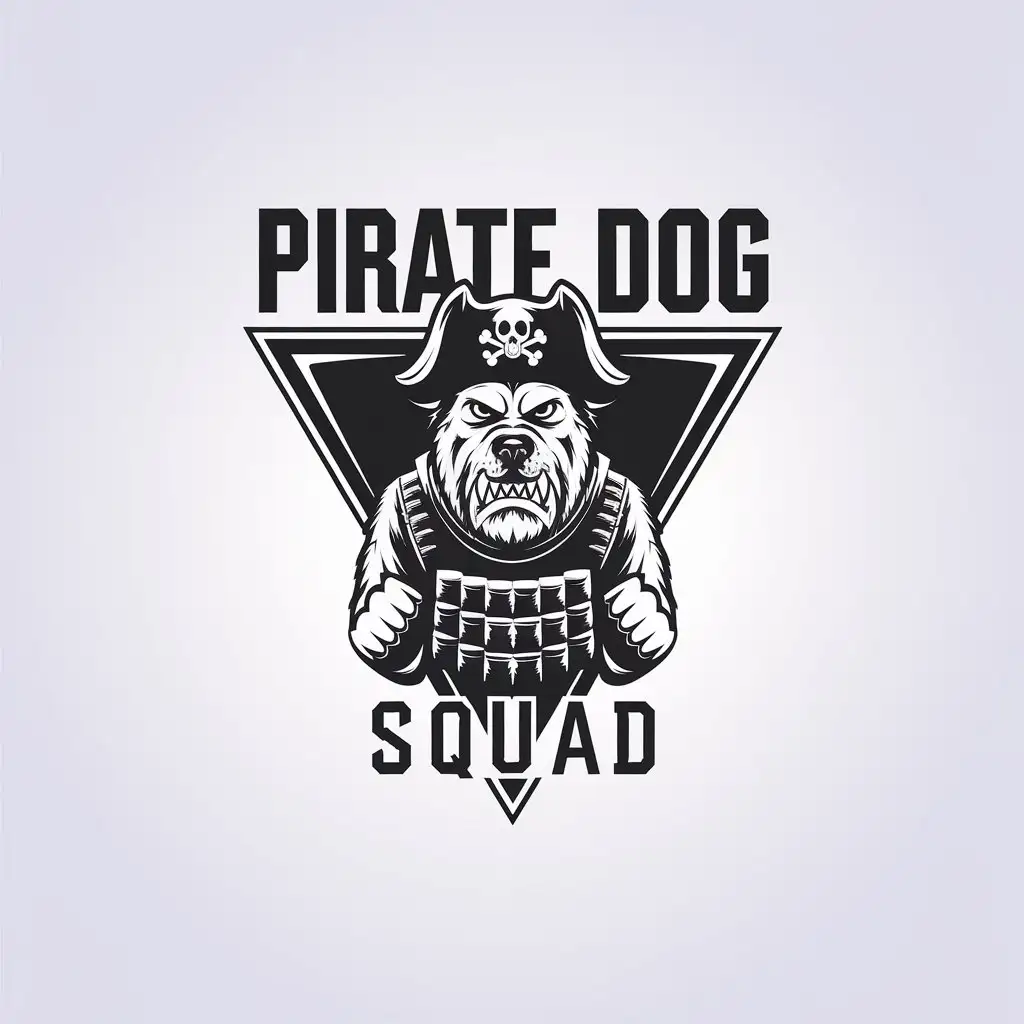 a vector logo design,with the text "Pirate Dog Squad", main symbol:A mean dog in a pirate's triangle and a bulletproof vest,Minimalistic,be used in war industry,clear background