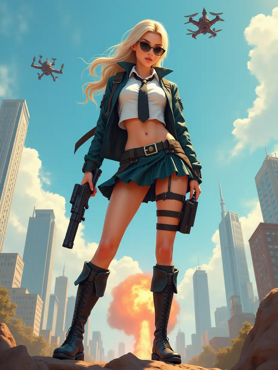 Wide-angle digital painting, (Beautiful woman in stylish school uniform, midriff showing, short skirt, combat boots, and targeting system over one eye : 1.3), Triangular composition, Dynamic full-length pose, Confident expression, (Armed mercenary: 1.3), Gun grip, Supporting pose, City background, Skyscrapers in the distance, nuclear explosion in extreme distance, two small targeting drones above, (Bright sunlight: 1.2), Sharp contrasts, Bold colors, Clear details. female mercenary in cool cyberpunk style in colorful fantasy style, realism, post-apocalyptic landscape, cartel, bald rod, oil painting, rod Nostalgia, strong emotions, low angle, high detail, sharp focus