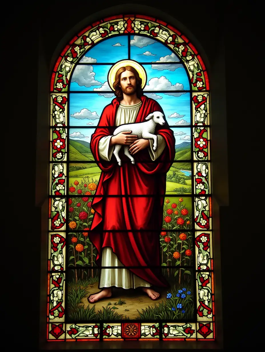 Catholic church with beautiful stained glass window. The detail on the window is very clear. The full window is visible. Background to be light Jesus the Good Shepherd holding a white lamb in a fields with wild flowers. The full figure of Jesus is visible. f