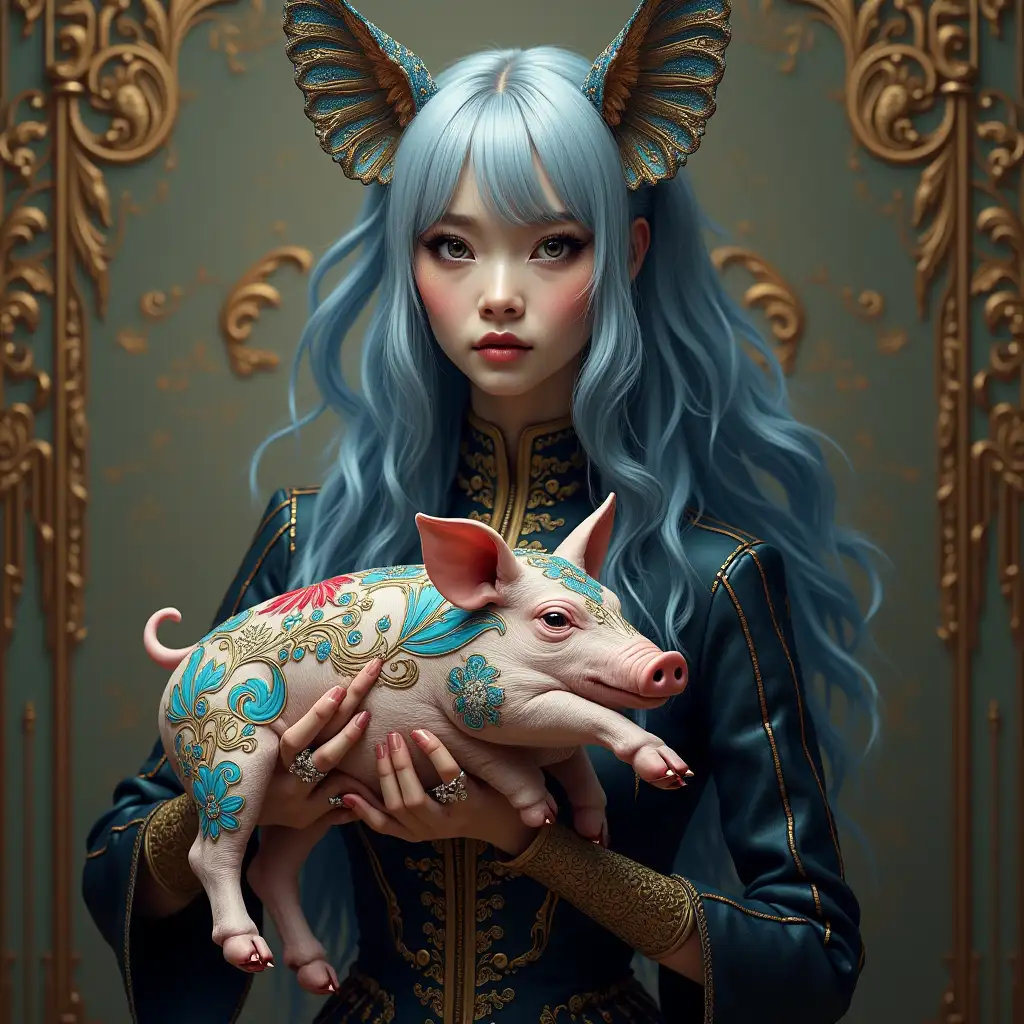 Hyperrealistic full body portrait of a beautiful black and white woman with silver and blue long hair holding a decorated, colorful, futuristic pig in her hand. Ornate background