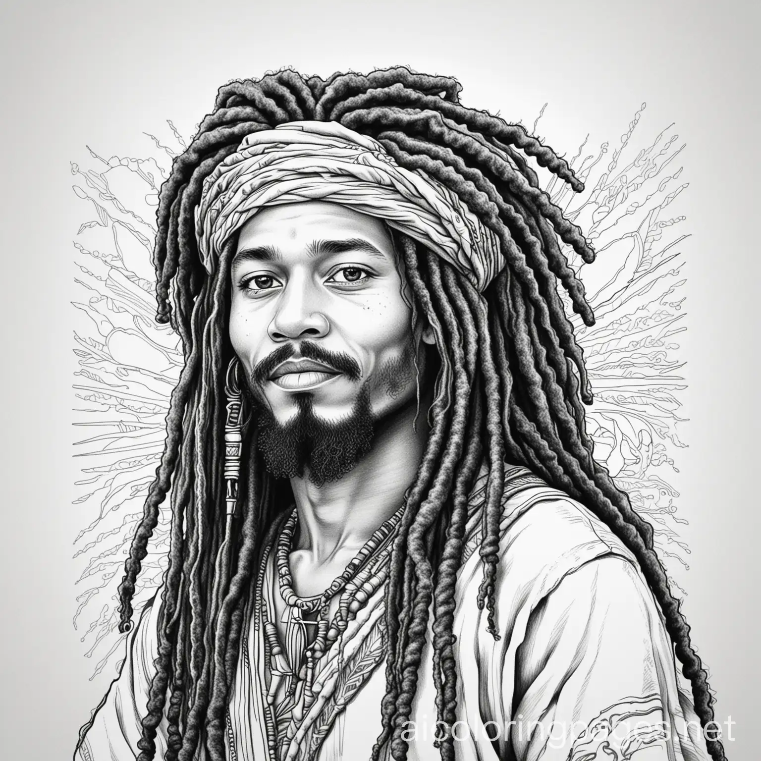 Jamaican rastafari, Coloring Page, black and white, line art, white background, Simplicity, Ample White Space. The background of the coloring page is plain white to make it easy for young children to color within the lines. The outlines of all the subjects are easy to distinguish, making it simple for kids to color without too much difficulty