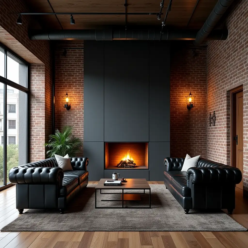 Industrial-Living-Room-with-Cozy-Fireplace-and-Black-Leather-Chesterfield-Sofa