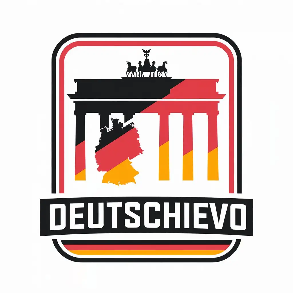 LOGO Design for Deutschievo Vector Logo with Brandenburg Gate and Germany Map in Black Red and Orange