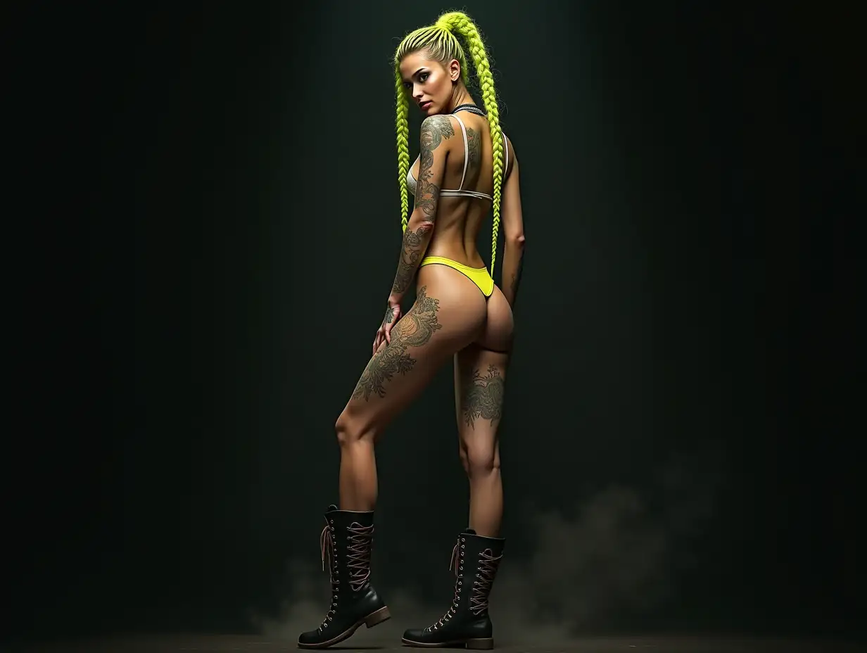 Depiction of a beautiful white woman with tattoo, long mixed green-yellow braided hair in a futuristic style and laced boots, Blurry black background (120mm) shot poster