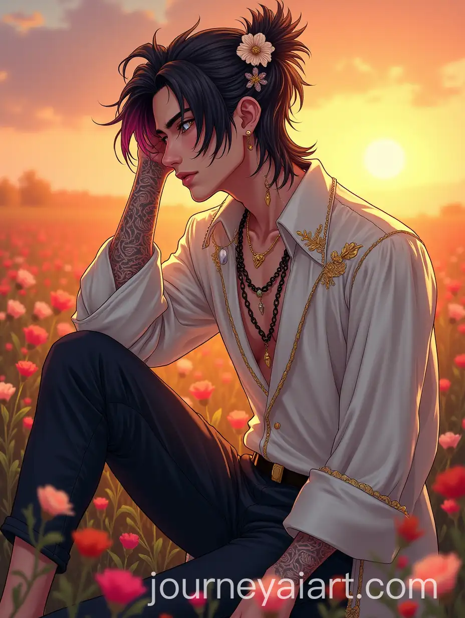 Gorgeous-Man-with-White-Tattoos-in-a-Flower-Field-at-Sunset