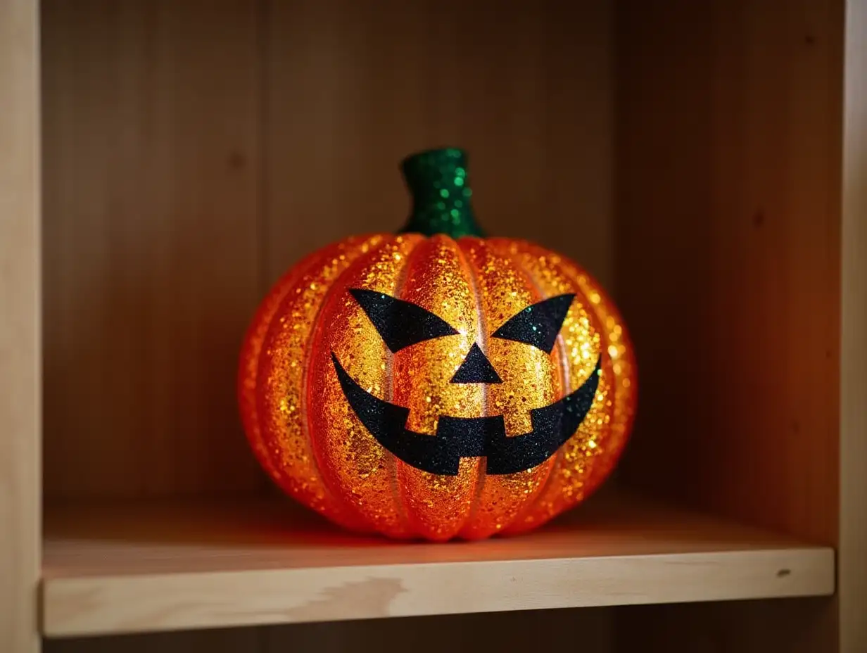 Glittering-Halloween-Pumpkin-JackOLantern-Display-on-Wooden-Shelf