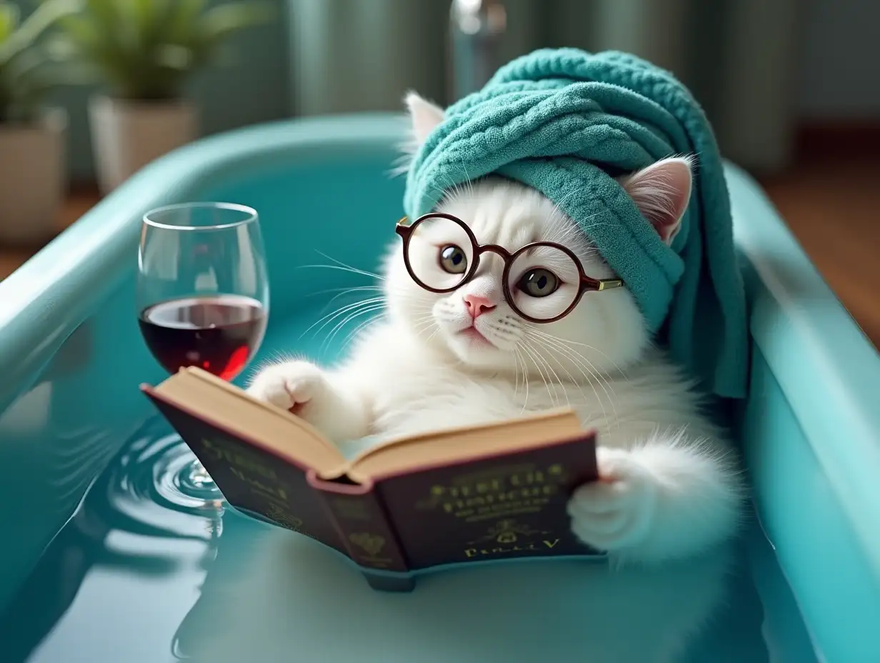 A cute white cat is lying in a bathtub with water, wearing a turquoise towel wrapped around her head like a turban and stylish round glasses. The cat is holding a Harry Potter book with both paws and reading enthusiastically. A glass of red wine elegantly placed on the side of the bathtub. The background shows the interior of a blue bathtub creating a relaxing, cozy atmosphere. The render is in a highly detailed, photorealistic style with soft lighting and luxurious atmosphere.