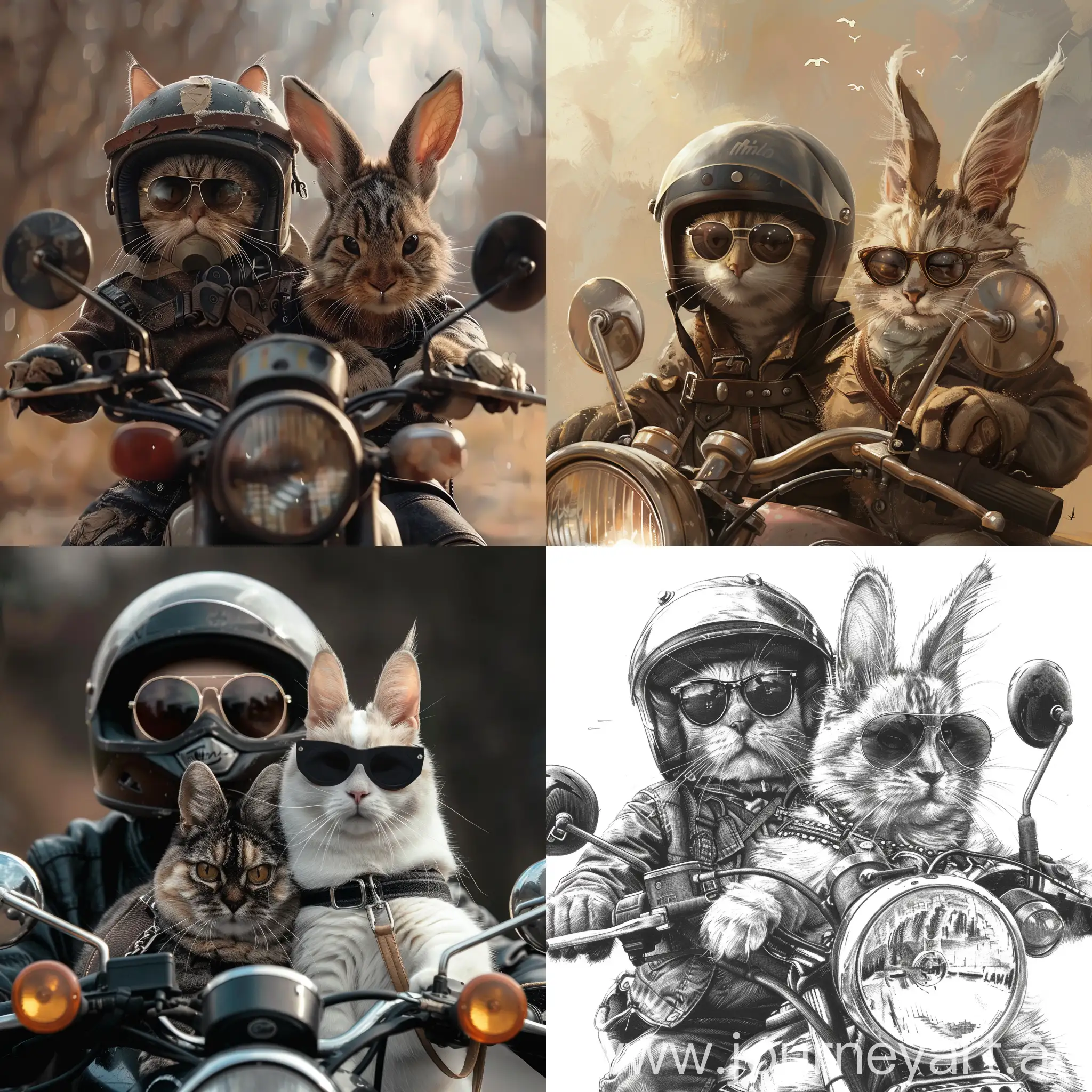 Cat-and-Rabbit-Riding-Motorcycle-with-Sunglasses