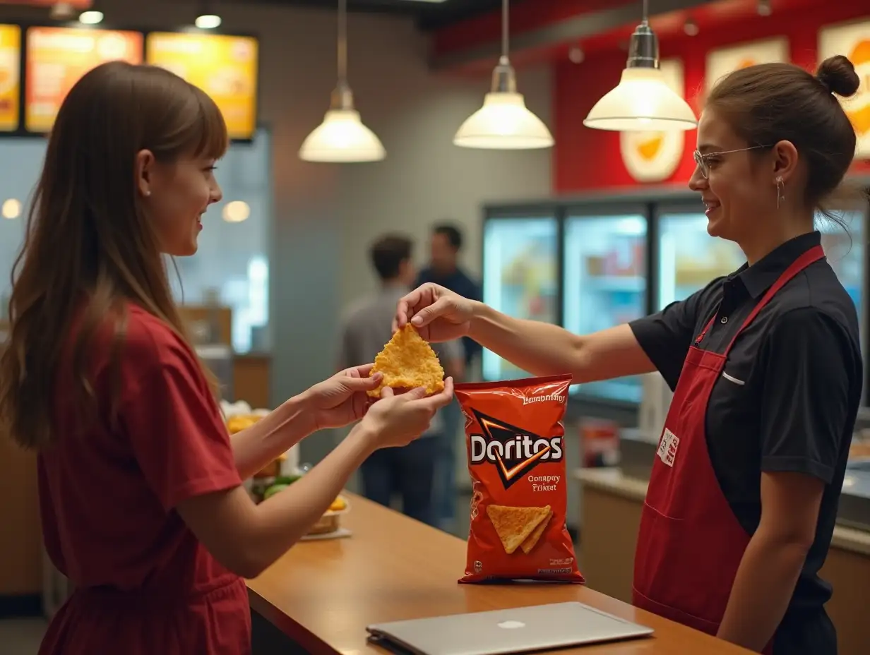 a girl hands a customer a bag of Doritos chips the customer reaches for the bag all this happens at the pick-up point at Burger King