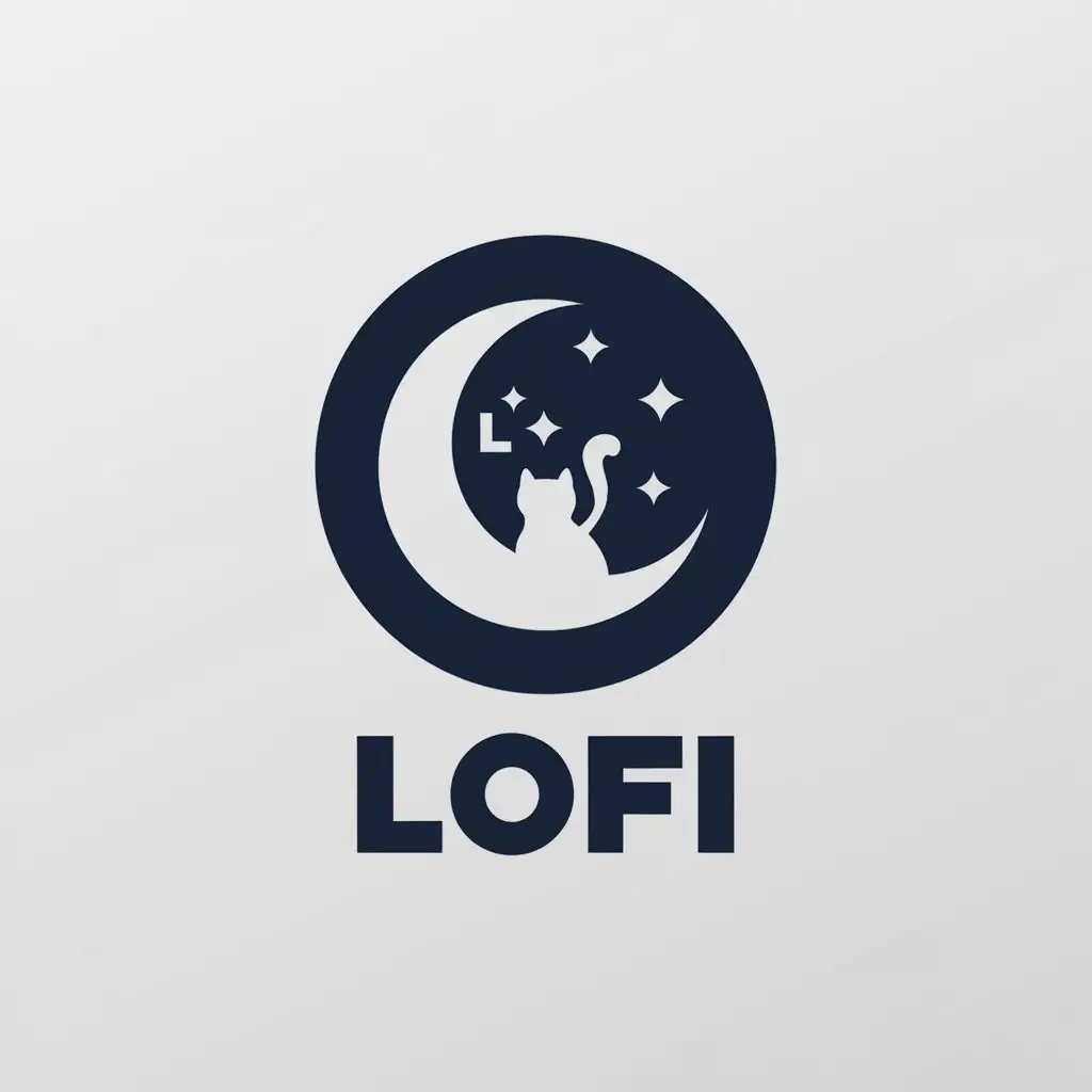 LOGO Design for Lofi Navy Blue White Silhouette of Moon Cat and Stars