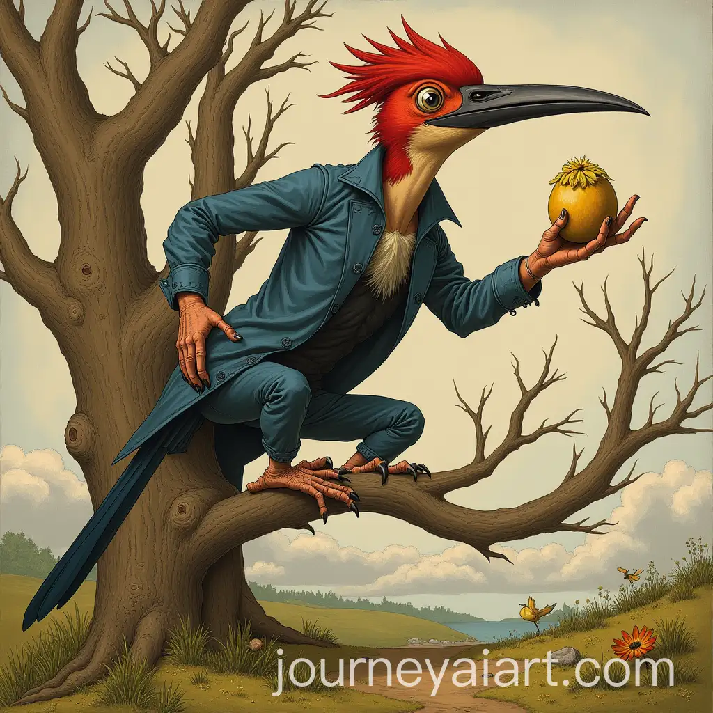 Mythical-HalfHAI-Art-Prompt-Expansionuman-HalfWoodpecker-Creature-in-Hieronymus-Bosch-Style