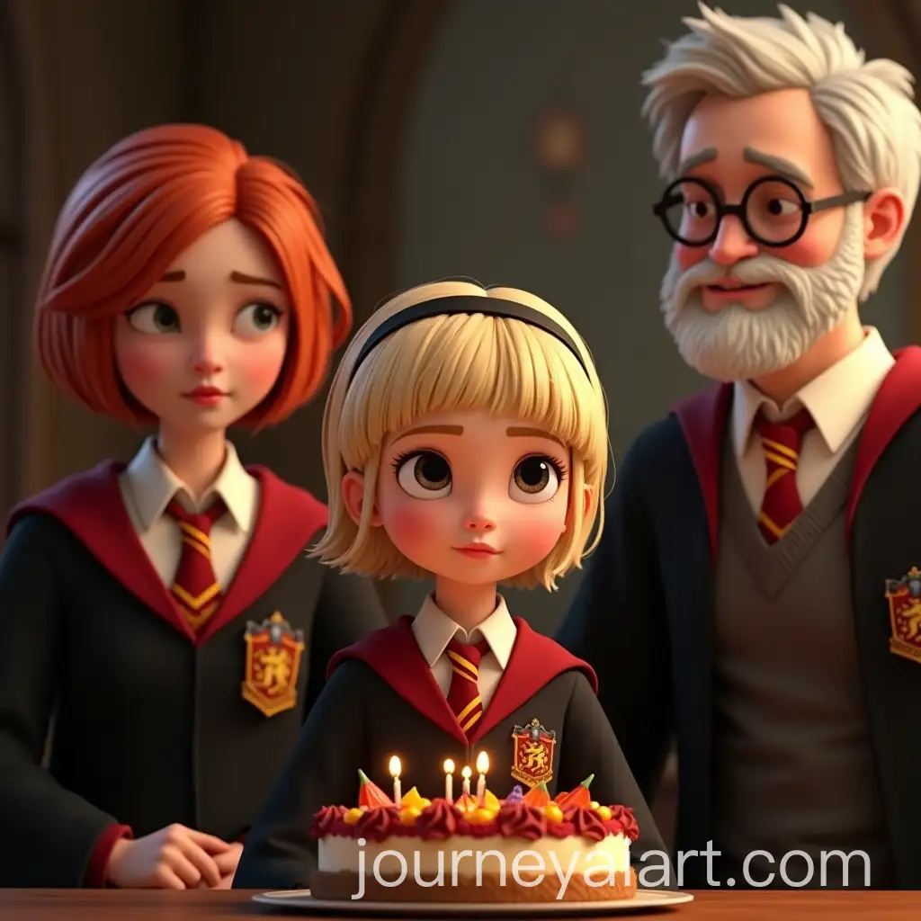 9YearOld-Girl-Celebrating-Birthday-at-Hogwarts-with-Parents-in-Gryffindor-Uniforms
