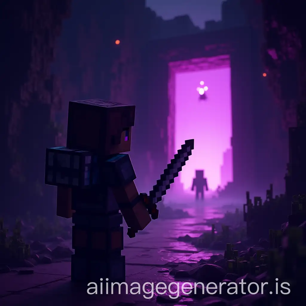 Steve-from-Minecraft-in-Netherite-Armor-Facing-a-Glowing-Nether-Portal