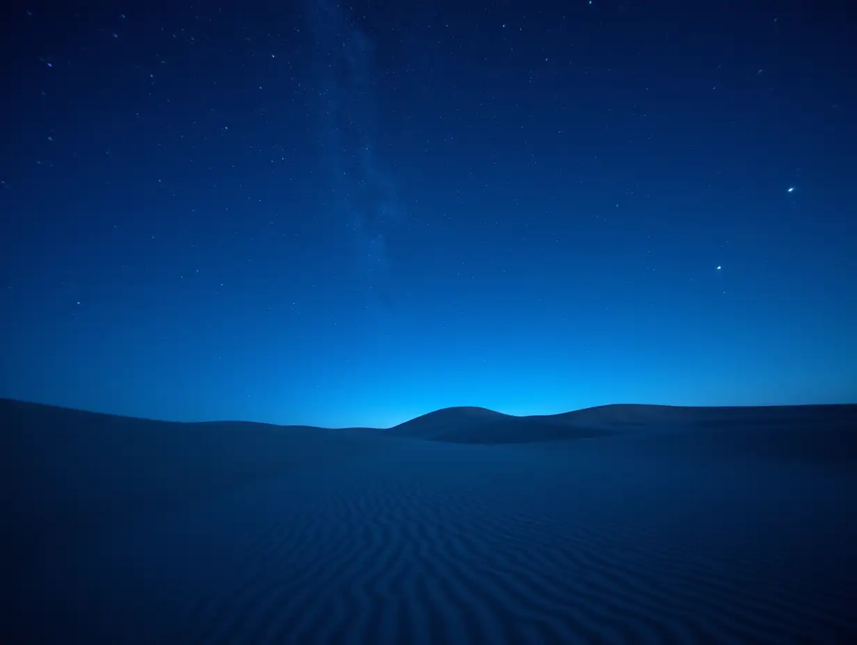 blue sand desert, night sky with many stars, many sand dunes