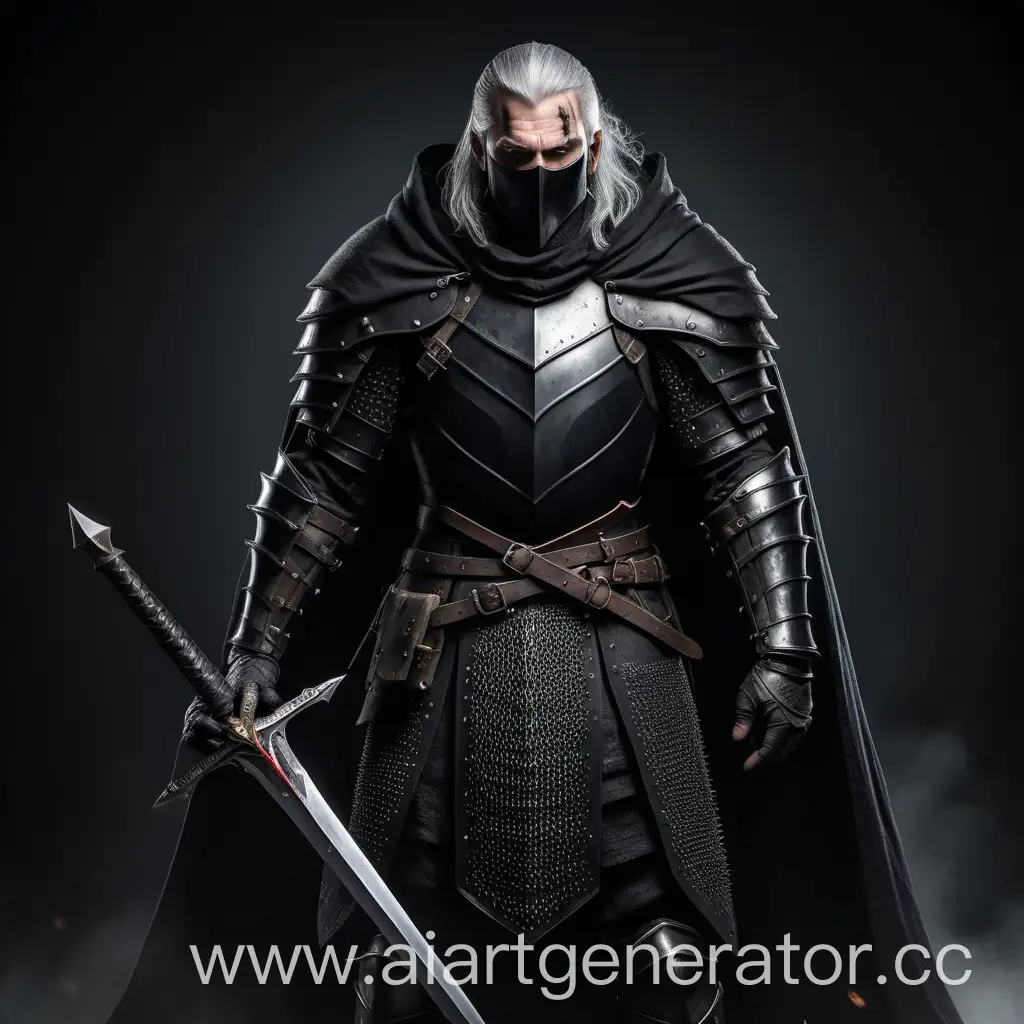 knight in full mid-heavy black armor with small spikes on the shoulders and long black cape. Grey hair like Witcher have. Black faceless mask covers face completely, making it unreal to see the identity, only two yellow eyes. black steel sword on each side in the scabbards