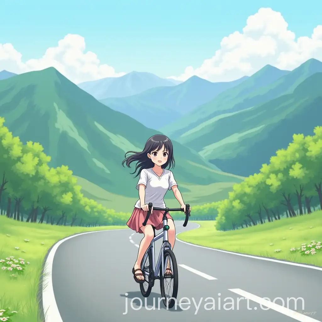 Japanese-Girl-Riding-Bicycle-Through-Beautiful-Mountain-Landscape-on-Summer-Day