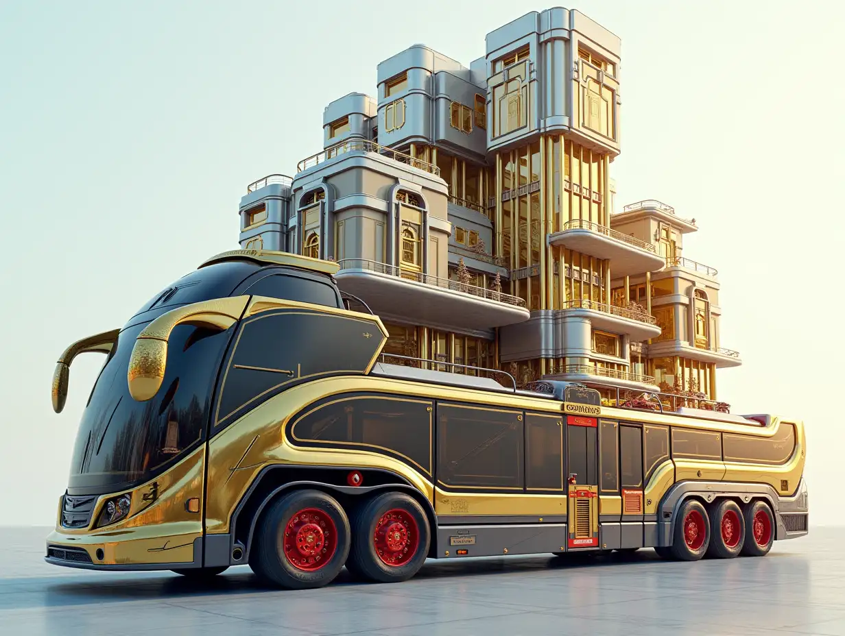 A super modern bus with a ten-story high gold and silver building with red wheels Cyberpunk