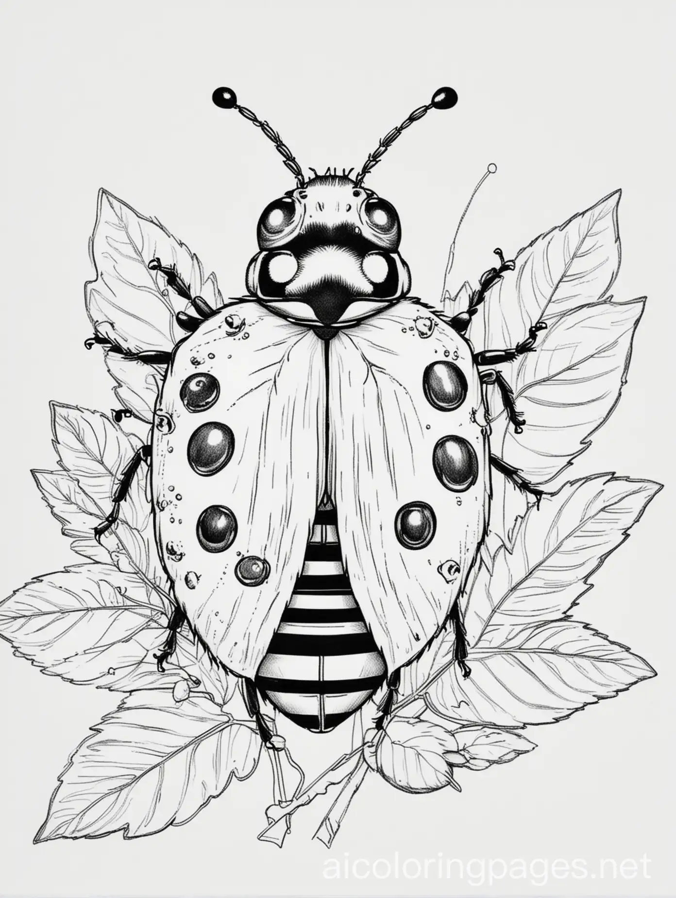 Ladybug, Coloring Page, black and white, line art, white background, Simplicity, Ample White Space. The background of the coloring page is plain white to make it easy for young children to color within the lines. The outlines of all the subjects are easy to distinguish, making it simple for kids to color without too much difficulty