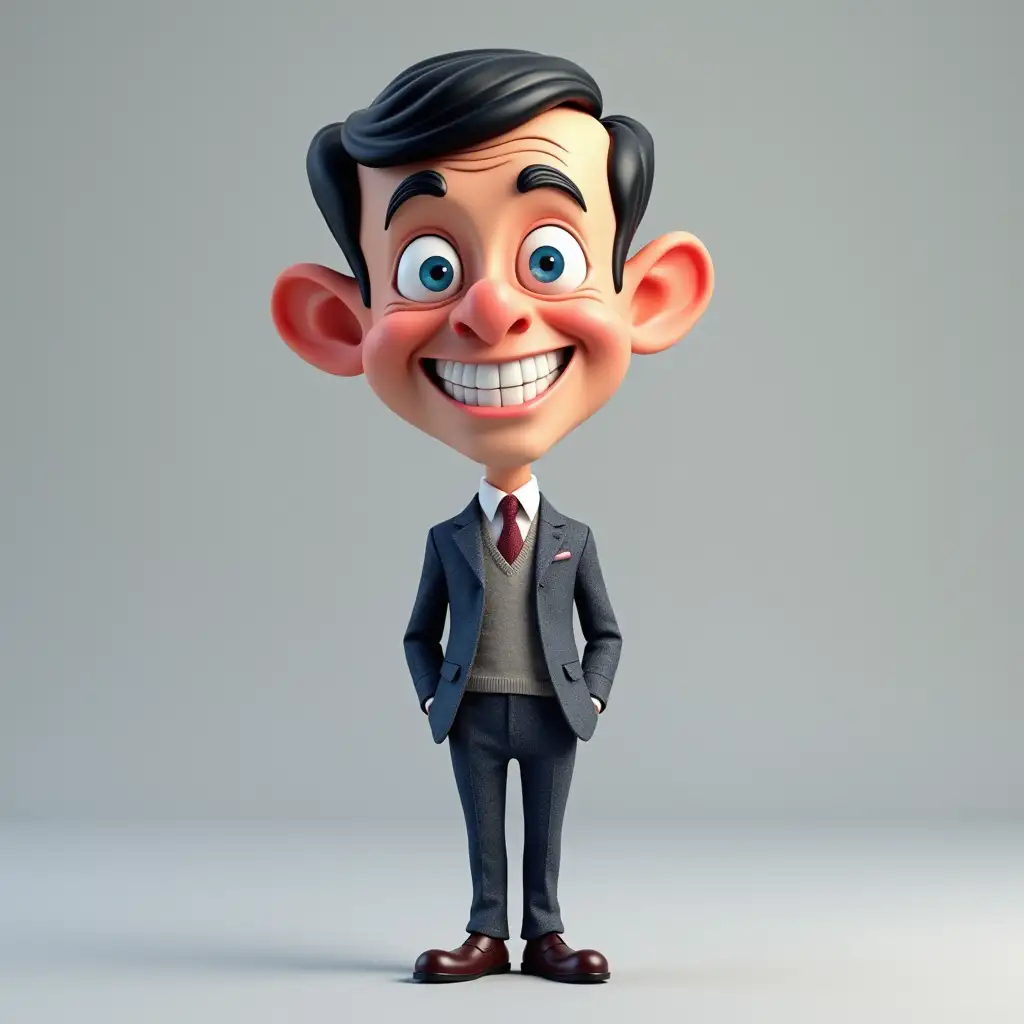 A handsome 3d man(mr bean) in forty as carucature with exaggerated blue eyes, ears, big head and small body, full size body, attractively smiling, showing big teeth, Classical stylish trendy dark gray suit with blue silver tinge, white shirt, red-burgundy tie, dark brown leather shoes, caricature character, gray neutral background. Subject: A handsome 3D caricature of a man in his forties, with exaggerated features that amplify the humorous essence of a cartoonish style. His most prominent features are his bright blue, oversized eyes and large ears, which are amplified for comedic effect. The man's head is notably large compared to his small, stylized body, emphasizing the caricature aspect. His posture is relaxed, with a friendly and approachable demeanor. Setting: The background is simple and neutral, allowing the focus to remain on the character, to highlight the playful and artistic nature of the caricature without distracting from the character. Style: The overall style is a vibrant 3D caricature that combines realism with exaggeration. The colors are bold and eye-catching, particularly the bright blue eyes and teeth, which are designed to draw attention. The character has a light, glossy texture, making it appear polished and animated. Action/Appearance: The man is smiling broadly, showing a full set of big white teeth, adding to the charm and warmth of the image. His attire is casual, with a modern shirt or sweater to reflect a contemporary look, yet simple enough not to distract from his exaggerated features. Accessories: There are no noticeable accessories in the image, ensuring the focus stays on his expressive face and physical features.