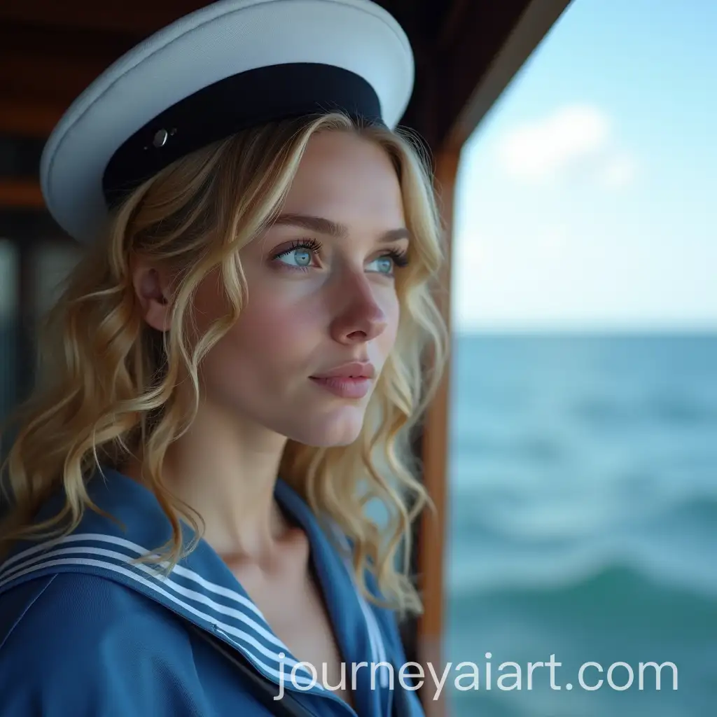 Woman-with-Blue-Eyes-in-Sailor-Uniform-on-a-Boat-at-Sea