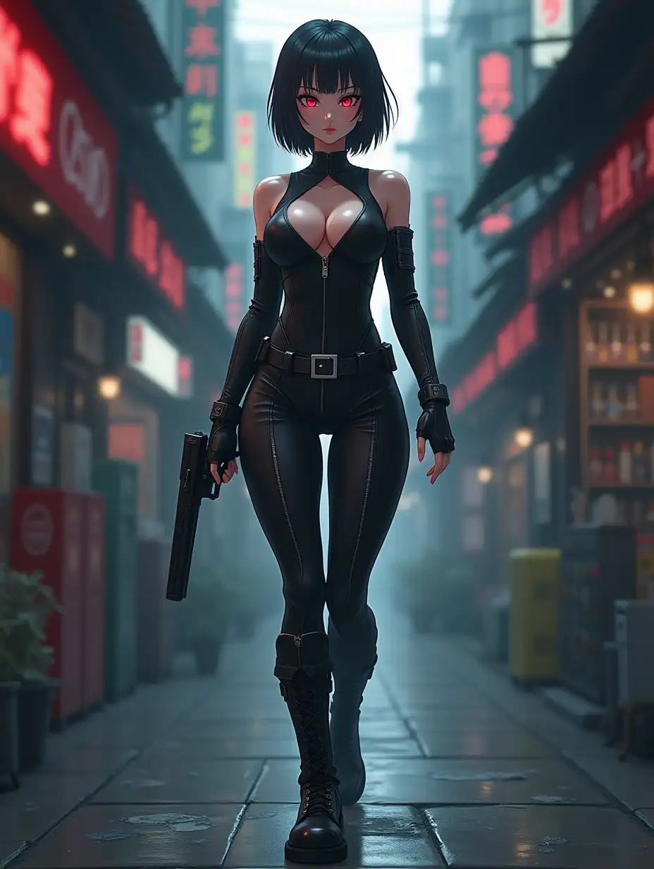 Short hair, mature Asian woman thief cyber runner in a dynamic full-length pose, eyes with red electronic pupils, large breast, extreme skintight body glove zipped down with cleavage, combat boots and combat belt. Full view of her body from boots up, low wide angle. Future store filled city alley street. Anime