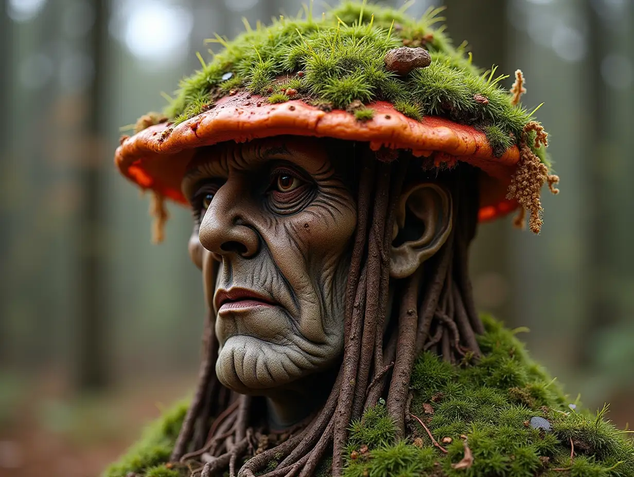 Face transformed into building with brown Fly Agaric roots