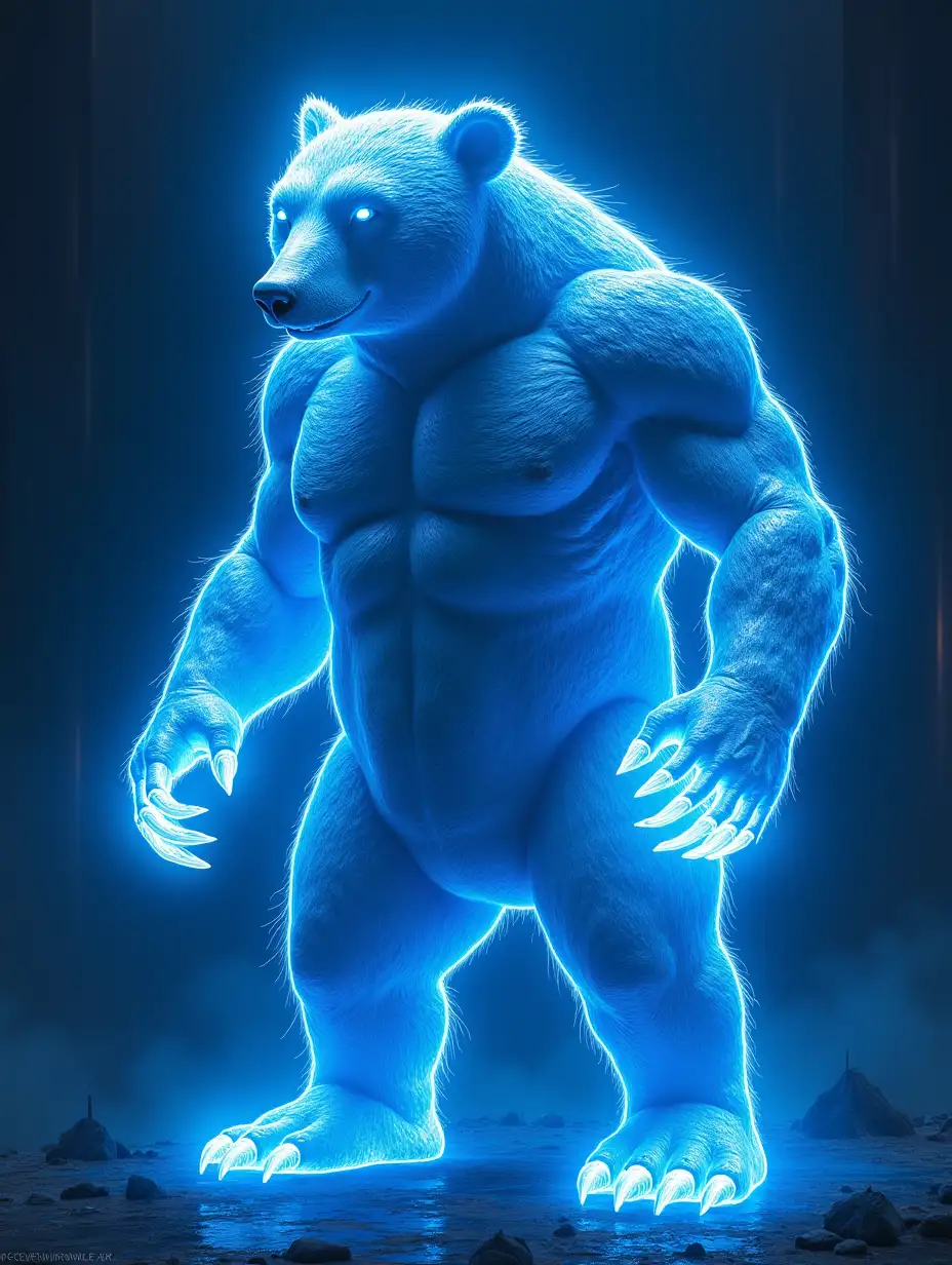 Creature Name: Lumen-Bear Nexus - The Neon Ghost. Style: A surreal mix of cyberpunk, neon aesthetics, and ancient Greek pottery art (think scenes from Pitri Patras' 'The Triumph of Nehellenium', but with neon lights and cybernetic enhancements). Creature Details: A huge, hulking bear with a pixelated, ghostly, neon-blue aura surrounding its form. The bear is muscular.