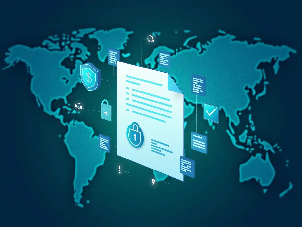 certification document at the center, surrounded by digital elements like encryption keys, signed documents, and locks representing high-level qualifications and trust. In the background, a digital map with data flows symbolizes the global reach of the certification. Use clean and professional blue and green tones