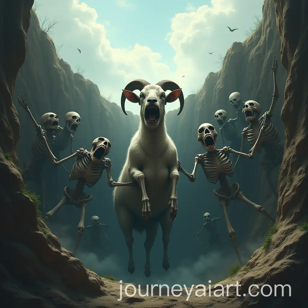 Terrified-Goat-Trapped-in-a-Deep-Pit-Surrounded-by-Skeletal-Creatures