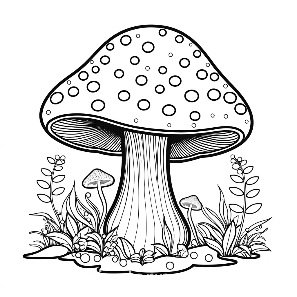 an artistic beautiful simple drawing of a mushroom for a coloring book, Coloring Page, black and white, line art, white background, Simplicity, Ample White Space. The background of the coloring page is plain white to make it easy for young children to color within the lines. The outlines of all the subjects are easy to distinguish, making it simple for kids to color without too much difficulty