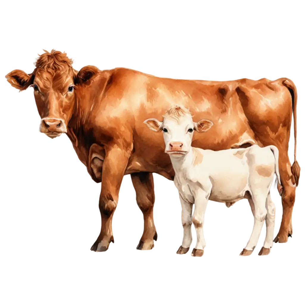 Calf-with-Cow-Watercolor-PNG-A-Stunning-Animal-Illustration-for-Your-Projects