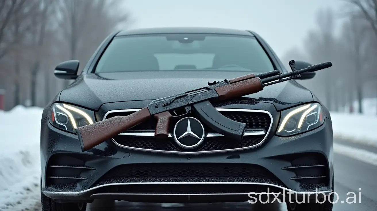 An AK72 rifle is resting on a black Benz car on the road on a snowy day