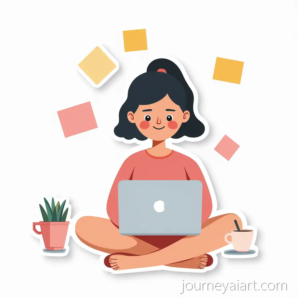 Cartoon-Girl-with-Laptop-andAI-Art-Prompt-Expansion-Coffee-Mug-Surrounded-by-Floating-Sticky-Notes-in-Pastel-Tones