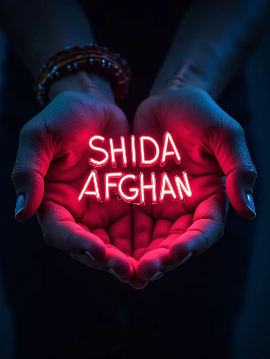 1. Neon text (SHIDA AFGHAN) in hands, 2. Unholy logo