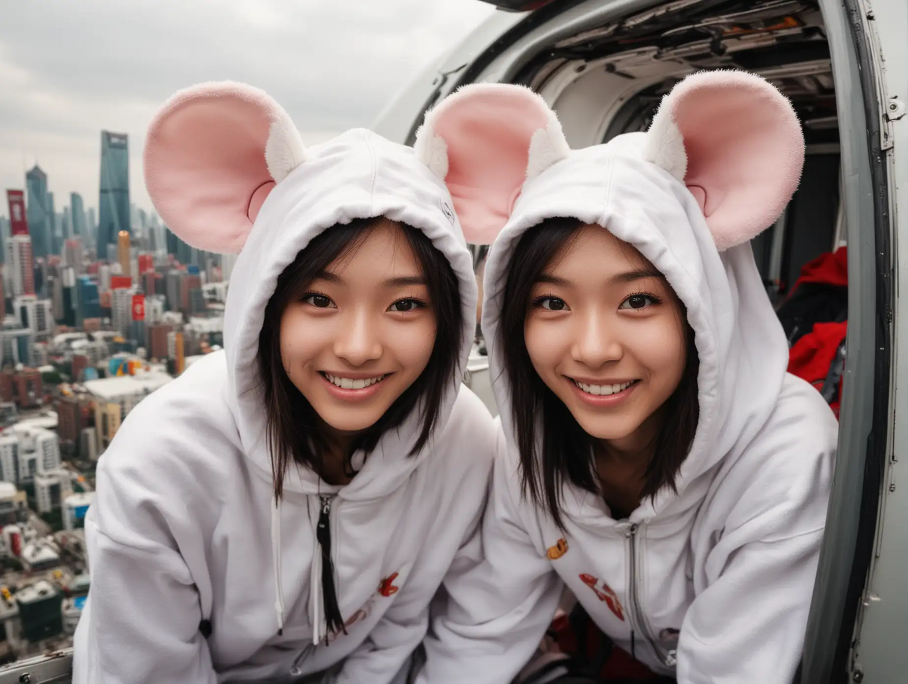 Two-Young-Women-in-MouseEar-Cosplay-Hoodies-on-Shanghai-Rooftop-Helicopter-Adventure